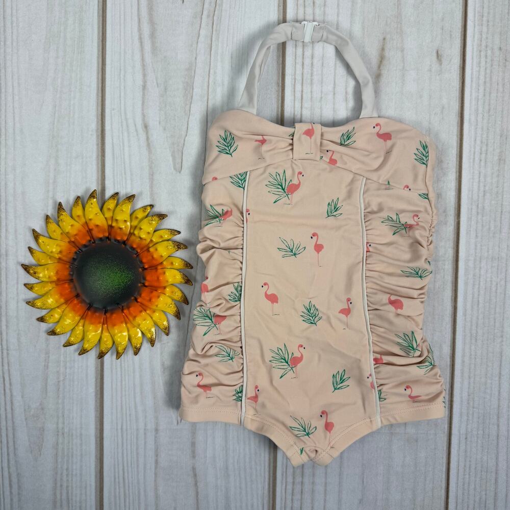 Janie and Jack Girls Flamingo Palm Halter One Piece Swimsuit Peach‎ 18-24 Months